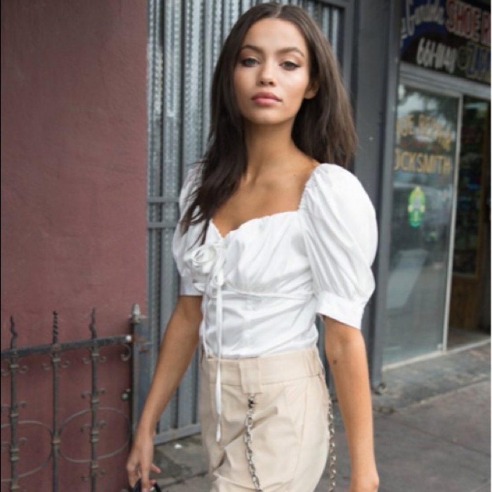 Alpha &Omega lyla satin puff sleeve bodysuit NWT